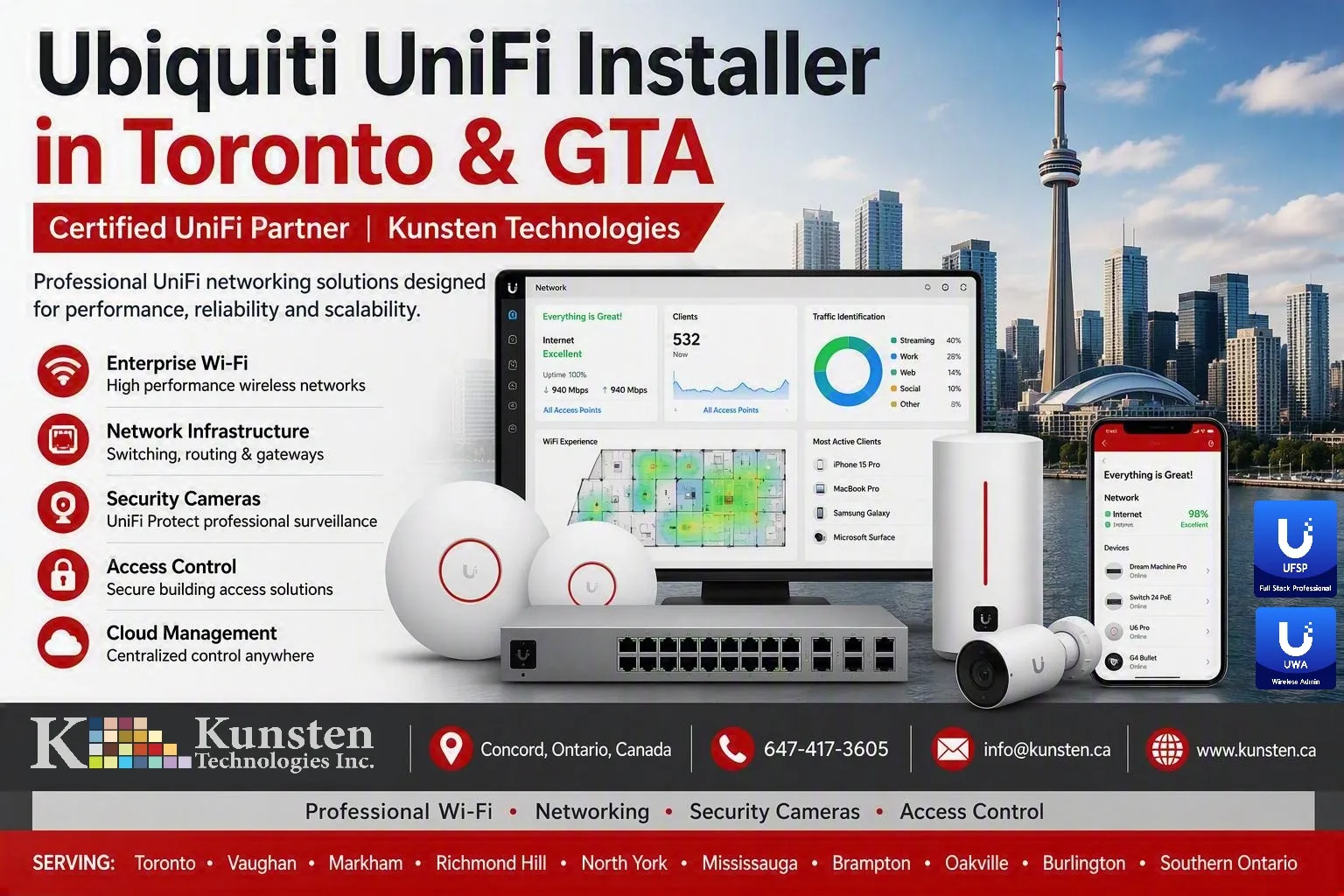 Fully dressed 42U network rack Neatly dressed blue CAT6 patch cords UniFi Enterprise switches installed Fiber patch panel UPS battery backup Proper cable management Ubiquiti UniFi
